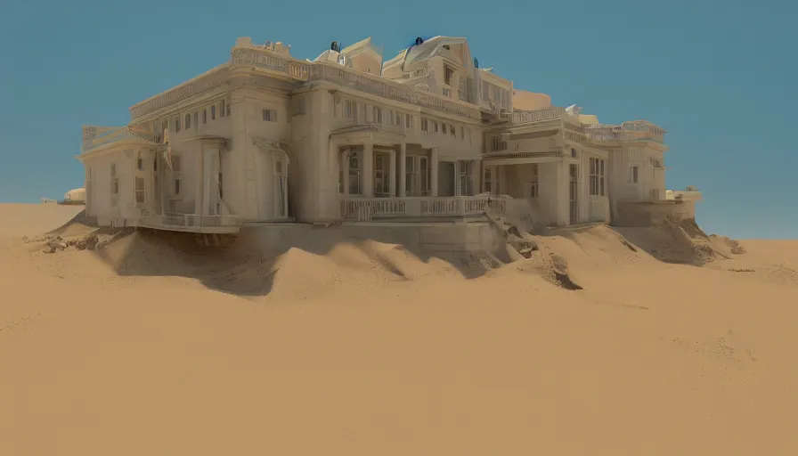 Prompt: white house buried under sand dunes, heat wave, hyperdetailed, artstation, cgsociety, 8 k