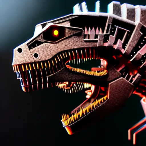 Prompt: a 3D hyperrealistic octane render illustration of a extremely detailed cyborg cyberpunk t-rex