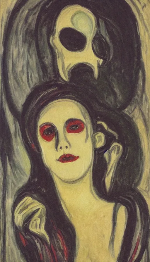 Prompt: carmilla vampire, expressionist painting, by edvard munch, catacombs