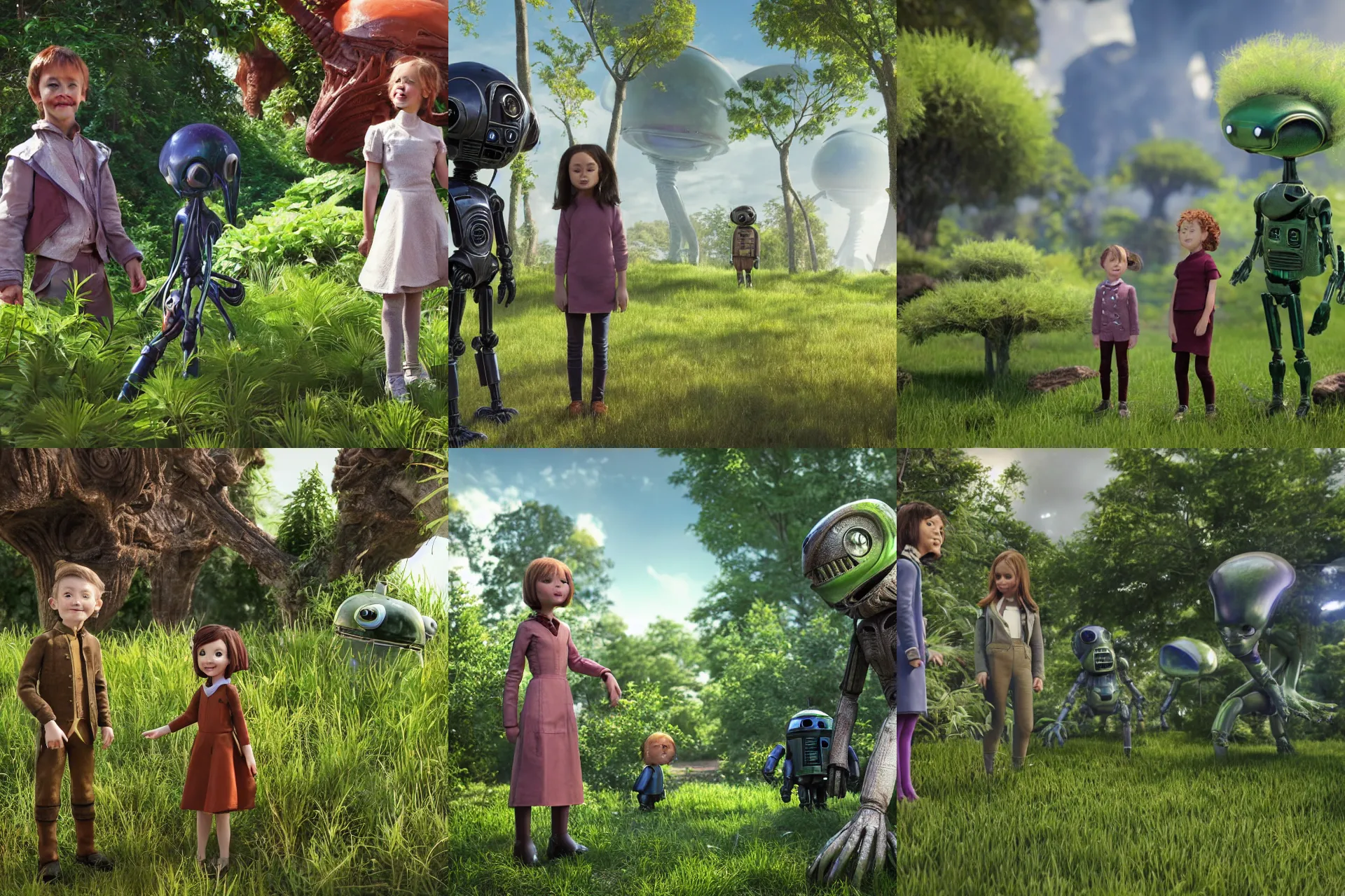 Prompt: a girl and a boy standing next to some alien plants, looking happy, both wearing 1860's clothes, their pet droid is nearby, while a small cute alien creature is standing behind them, in a park on a alien planet, ultra realistic facial details, enhanced faces, ultra photorealistic raytracing, 8k