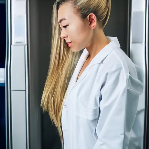 Prompt: full body profile of cute female nurse, blond hair. ponytail, white coat, in an elevator, daniel kim, tight focus, 2 5 mm lense