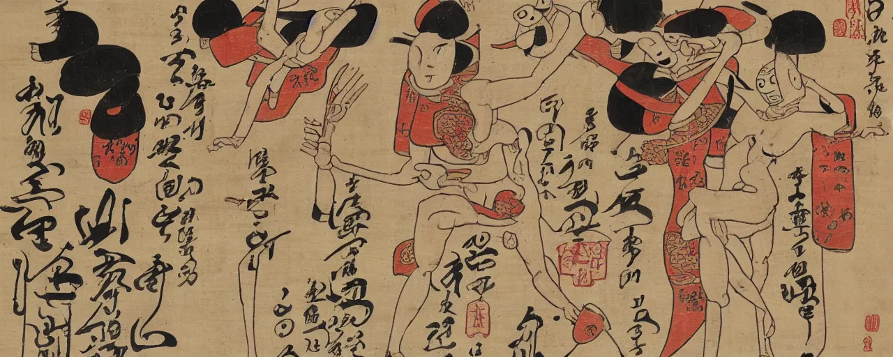 Image similar to an ancient papyrus depicting a japanese yokai's anatomy and information, ukiyo - e style