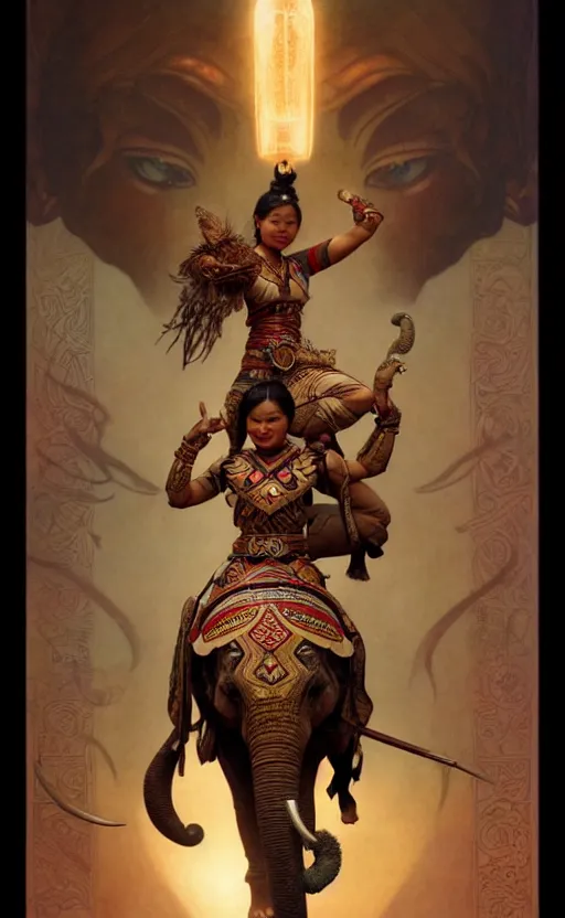 Image similar to magic tribal ethnic asian female, riding a war elephant, gorgeous lighting by weta studio, mucha, bautista and norman rockwell and greg rutkowski and tom bagshaw and james gurney and lucasfilm