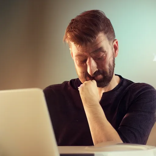 Prompt: detailed photorealistic with bokeh, and cinematic lighting of detailed man sitting while crying because stuck in front of his computer because programming.