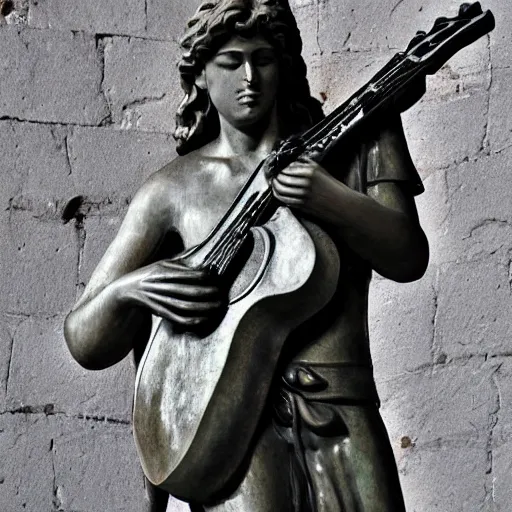 Image similar to !dream Statue of David, strumming his guitar on the live stage, backlighting, highly detailed, award-winning, photograph