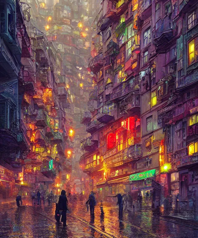 Prompt: insane perspective of colorful street vue from cyberpunk prague, intricate details, realistic shaded , humid ground, highly detailed, artstation, painting by François Schuiten and moebius, disney fantasy style, people and creatures walking, volumetric light, neon lights, rainy mood
