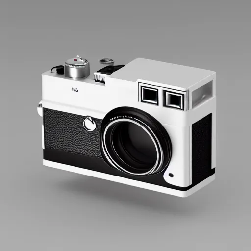 Image similar to from view of Leica rangefinder camera on white background, designed by Dieter Rams, painted by Syd Mead, octane render, keyshot, industrial design, minimalism