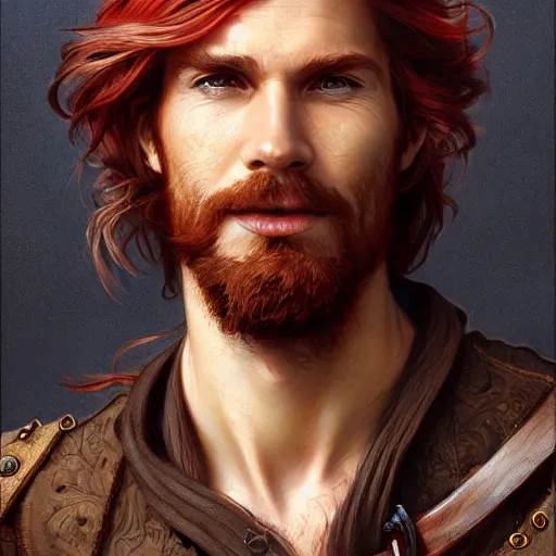 Image similar to portrait of a young ruggedly handsome but joyful pirate, male, masculine, upper body, red hair, long hair, d & d, fantasy, impish smirk, intricate, elegant, highly detailed, digital painting, artstation, concept art, matte, sharp focus, illustration, art by artgerm and greg rutkowski and alphonse mucha