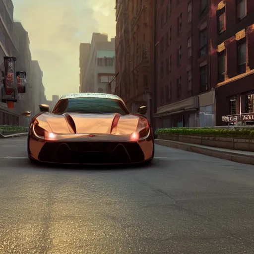 Prompt: copper colored sport car racing through a street in nyc, painted by, mc escher, gordon onslow ford, georgia o'keeffe and ivan aivazovsky, cinematic light, god rays, colourful, unreal engine.