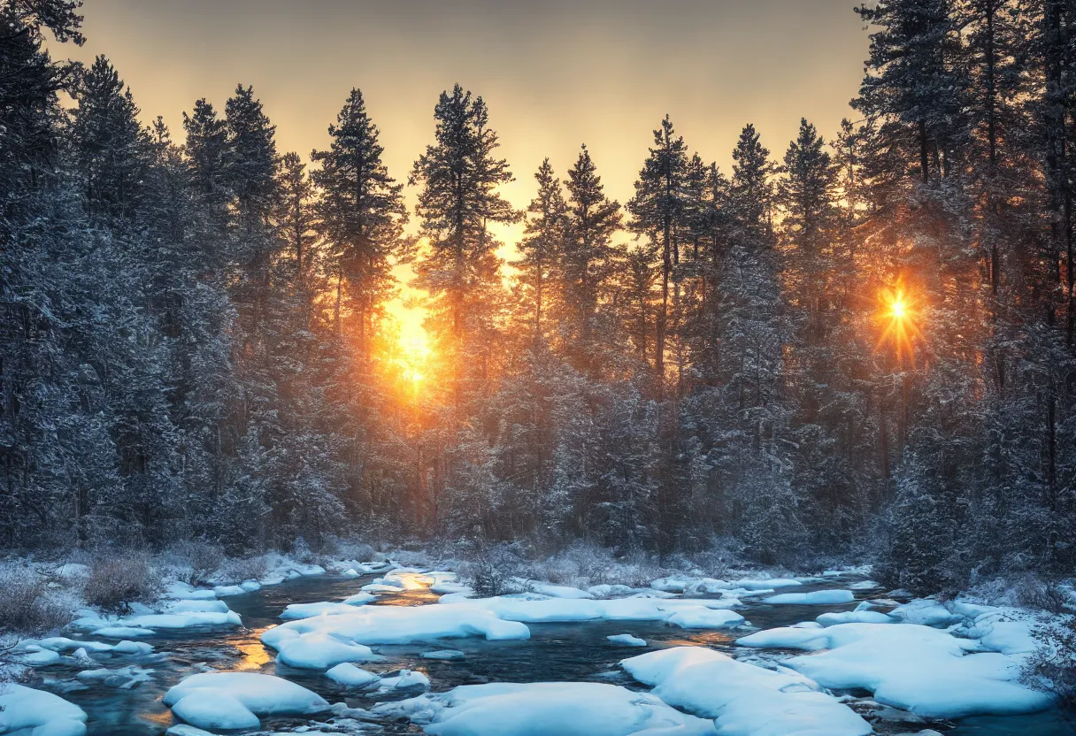 Prompt: pine _ forest _ cold _ river _ mysterious _ sunrise