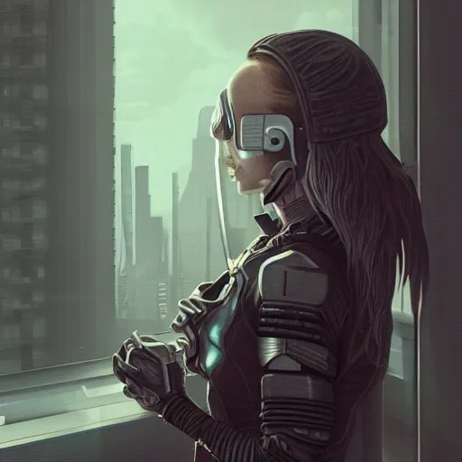 Image similar to portrait of cyberpunk woman looking out of a window, cyberpunk setting, futuristic, highly detailed, intricate lighting, digital painting, sharp focus, illustration, trending on artstation, art by pixar animation.