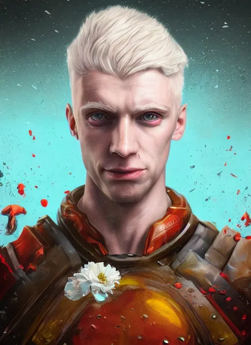 Prompt: An epic fantastic realism comic book style portrait painting of Lucius the most beautiful pale blond man in the universe, flowers rain everywhere, fisheye lens, Apex Legends Concept Art, porcelain, unreal 5, DAZ, hyperrealistic, octane render, cosplay, RPG portrait, dynamic lighting