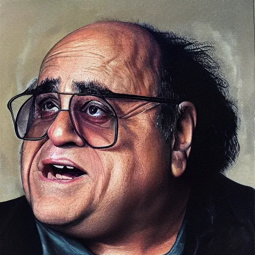 Prompt: danny devito as a greek god, masterpiece oil painting, trending on artstation