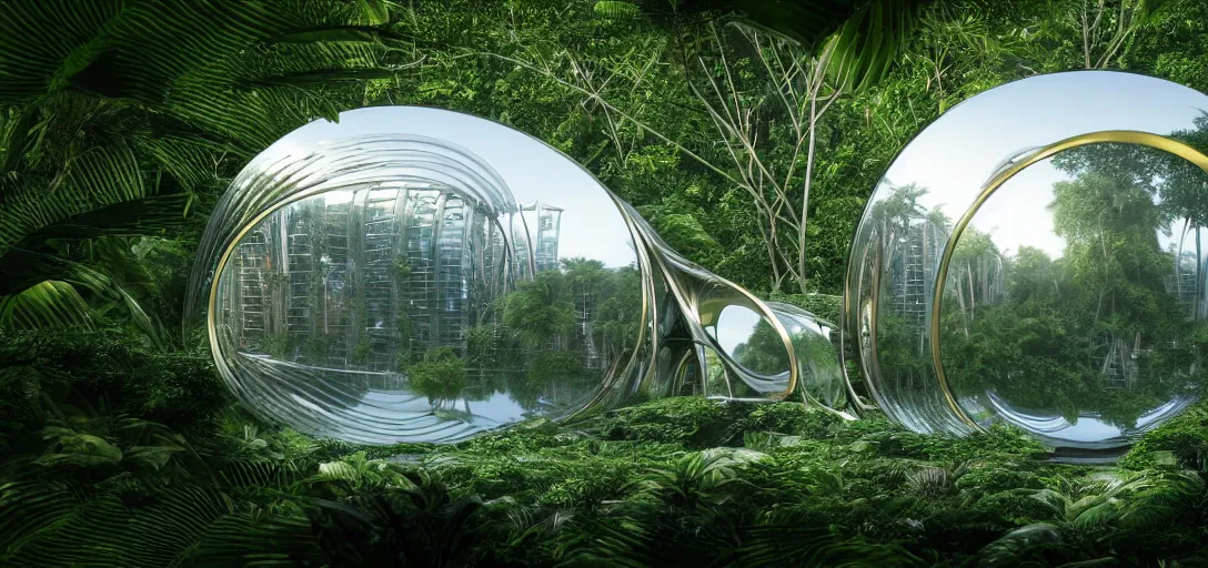 Prompt: futuristic shinny glass mirror building camouflaged in an jungle landscape of a biopunk world by frank gerhy, shinny golden road designed by zaha hadid, movie poster, spiral golden ratio, at dusk lighting, evening lighting, reflections, film still, hyper realistic, octane render redshift arnold materials unreal engine, 8 k post production, hyper detailed