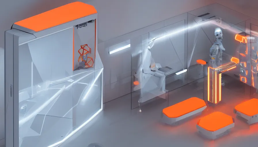 Prompt: unorthodox geometric control panel room with led computer interfaces on every surface. a robot assistant is idle inside a transparent container built into the wall. orange and grey color scheme, high contrast, octane render, ray - tracing, 4 k, high quality desktop wallpaper