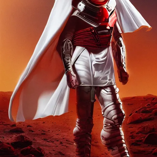 Image similar to a tall muscular soldier, wearing blood - spattered glossy sleek white dinged scuffed armor and a long torn red cape, heroic posture, battle - weary, strained expression, determined expression, no helmet, on the surface of mars, dramatic lighting, cinematic, sci - fi, hyperrealistic, detailed