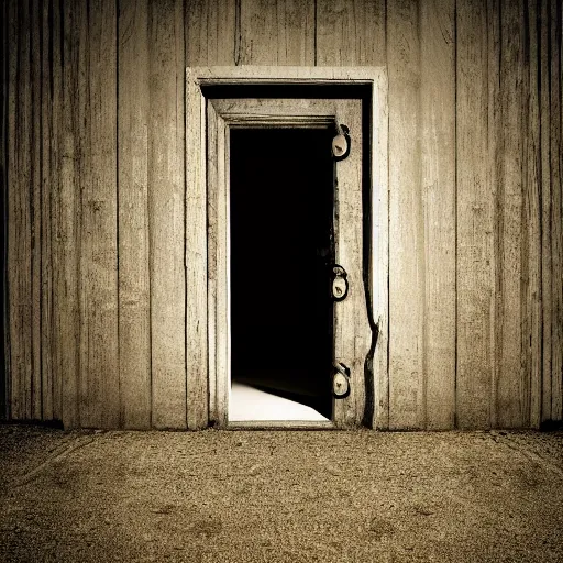 Prompt: An ominous photograph of the slightly opened door standing ajar, darkness behind it, close-up view, dim lighting, nightmare, taken with Sony a7R camera