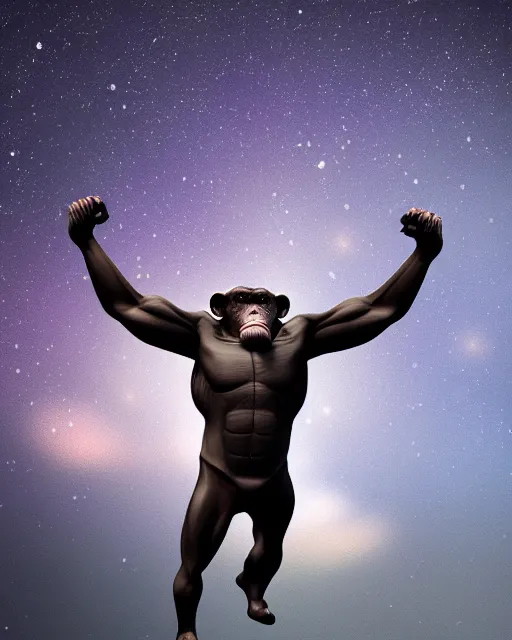 Image similar to very detailed high resolution illustration of a muscular chimpanzee, backlit, stars, night, surrounded, 3 d, 8 k, extremely detailed, artstation, award winning