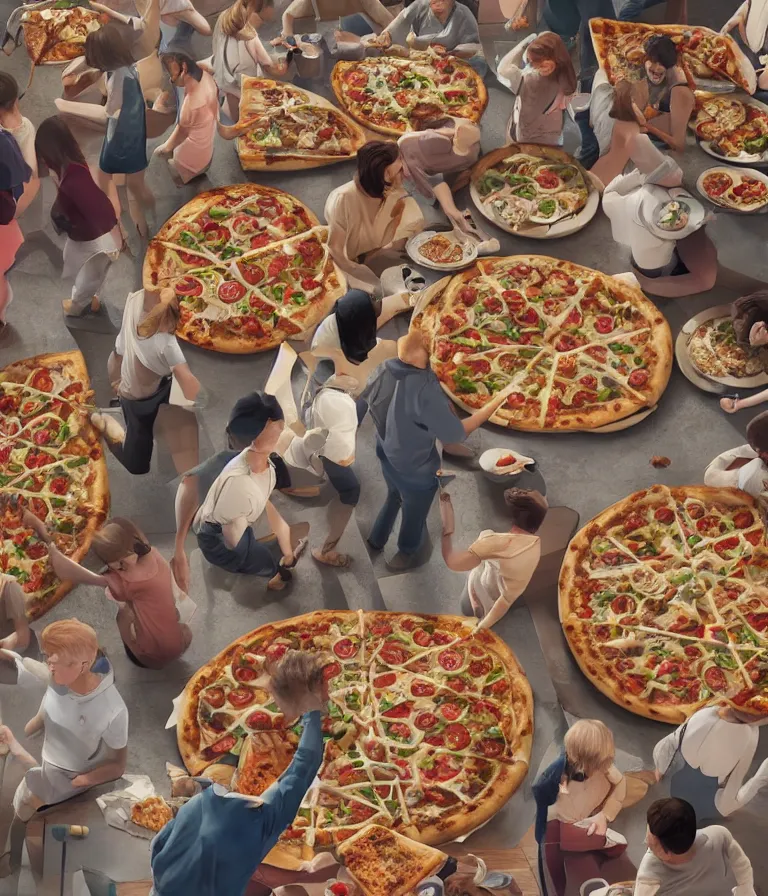 Prompt: a beautiful hyperrealistic detailed 3D render of people made of pizza, by Anton Otto Fischer, Atey Ghailan, genzoman, unreal engine, octane render, gigantic, 3D, brilliantly coloured, intricate, ultra wide angle, trending on artstation, embers, smoke, dust, dusk, volumetric lighting, HDR, polished, micro details, ray tracing, 8k,