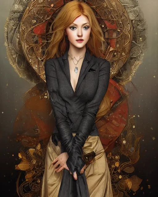 Image similar to katherine mcnamara wearing a golden dress, grey hair, red necktie, cinematic, stunning, highly detailed, digital painting, artstation, smooth, hard focus, full body shot, illustration, art by artgerm and greg rutkowski and alphonse mucha