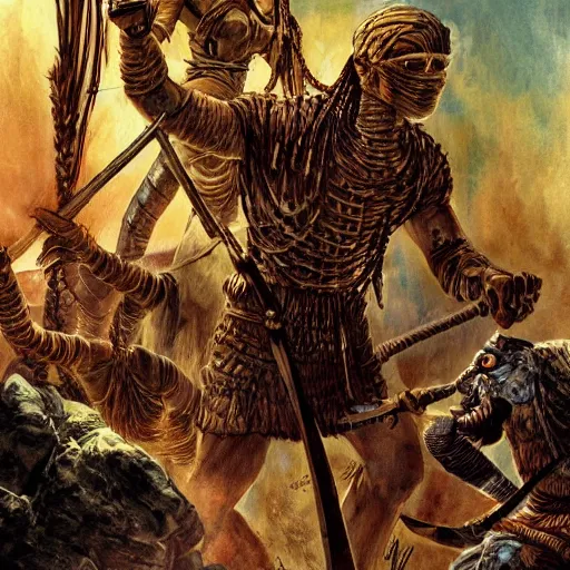 Image similar to The mummy touches the warrior's head with his hand, the jungle, high detail, old school dungeons and dragons art,