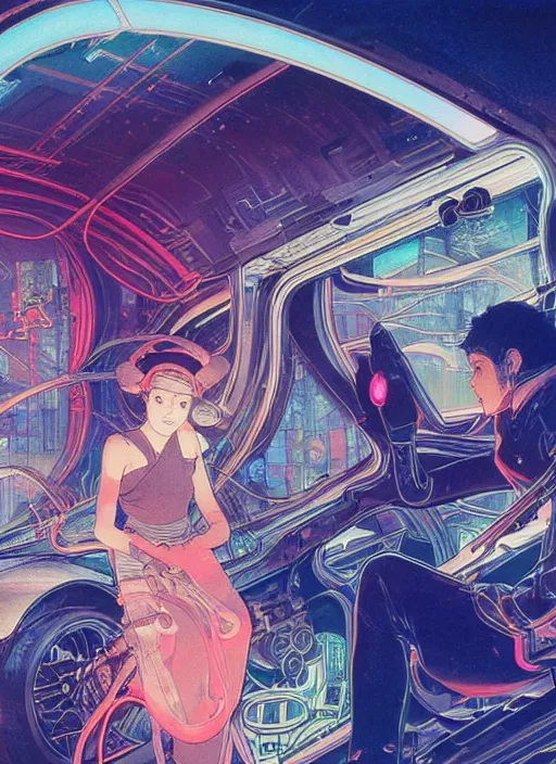 Image similar to portrait of a cyborg boy and a cyborg girl inside a car in the middle of futuristic tokyo at night. diffuse neon light, dramatic landscape, fantasy illustration, matte painting by mucha