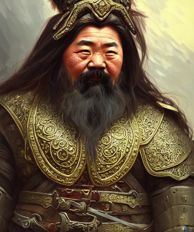 Image similar to old mongolian dwarf general portrait, armored, face, long hair, moustache, fantasy, intricate, elegant, highly detailed, digital painting, artstation, concept art, smooth, sharp focus, illustration, art by artgerm and greg rutkowski and alphonse mucha