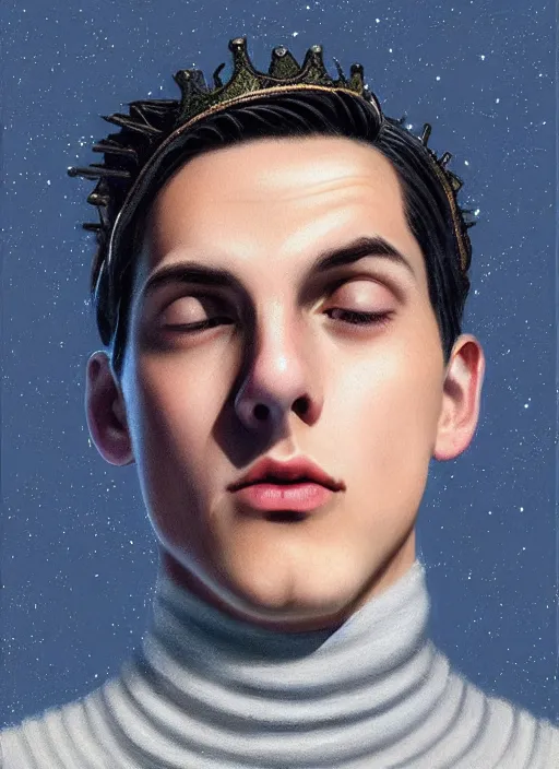 Image similar to portrait of teenage jughead jones wearing a light grey crown, crown, blue turtleneck, 1 9 5 0 s, closed eyes, photorealistic, black hair, glowing lighting, intricate, elegant, glowing lights, highly detailed, digital painting, artstation, concept art, smooth, sharp focus, illustration, art by wlop, mars ravelo and greg rutkowski