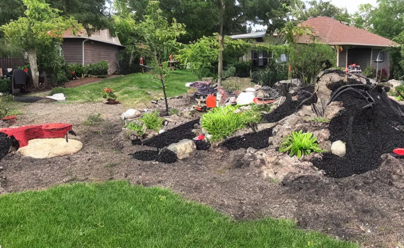 Image similar to suburban yard with miniature volcano erupting in the yard, ground level