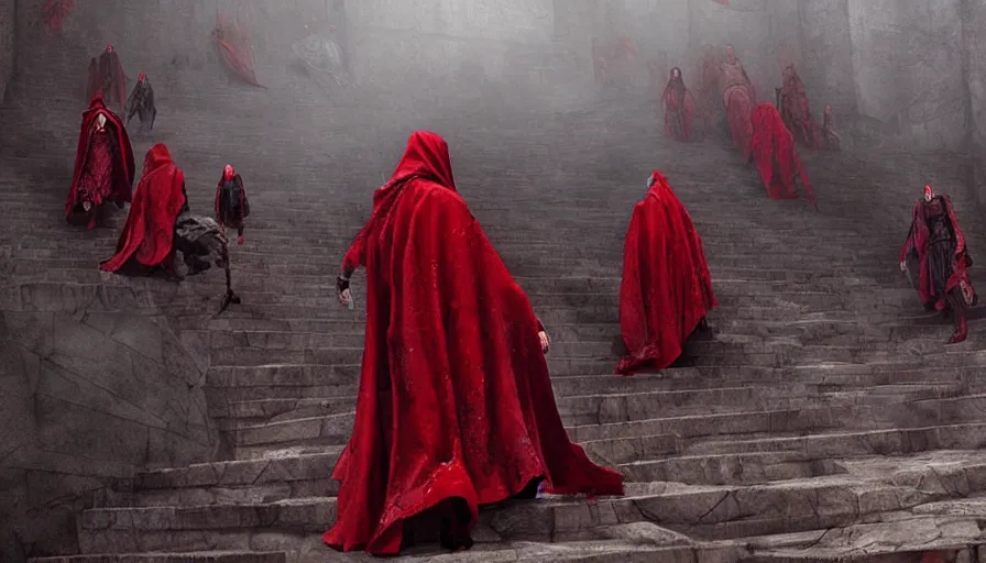 Image similar to figures in red cloaks ascend huge creepy fantasy stairs, cinematic, movie still, art by ruan jia and albert voidstar