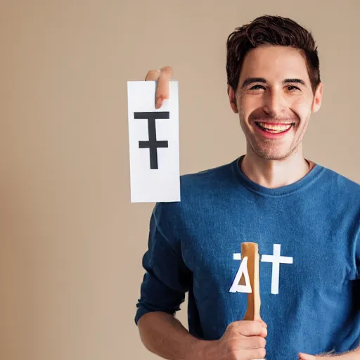 Prompt: man holding a thank you sign, madly grinning, studio light