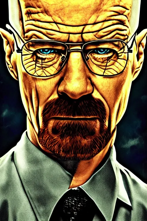 Image similar to poster of walter white, in the style of megadeth's album covers