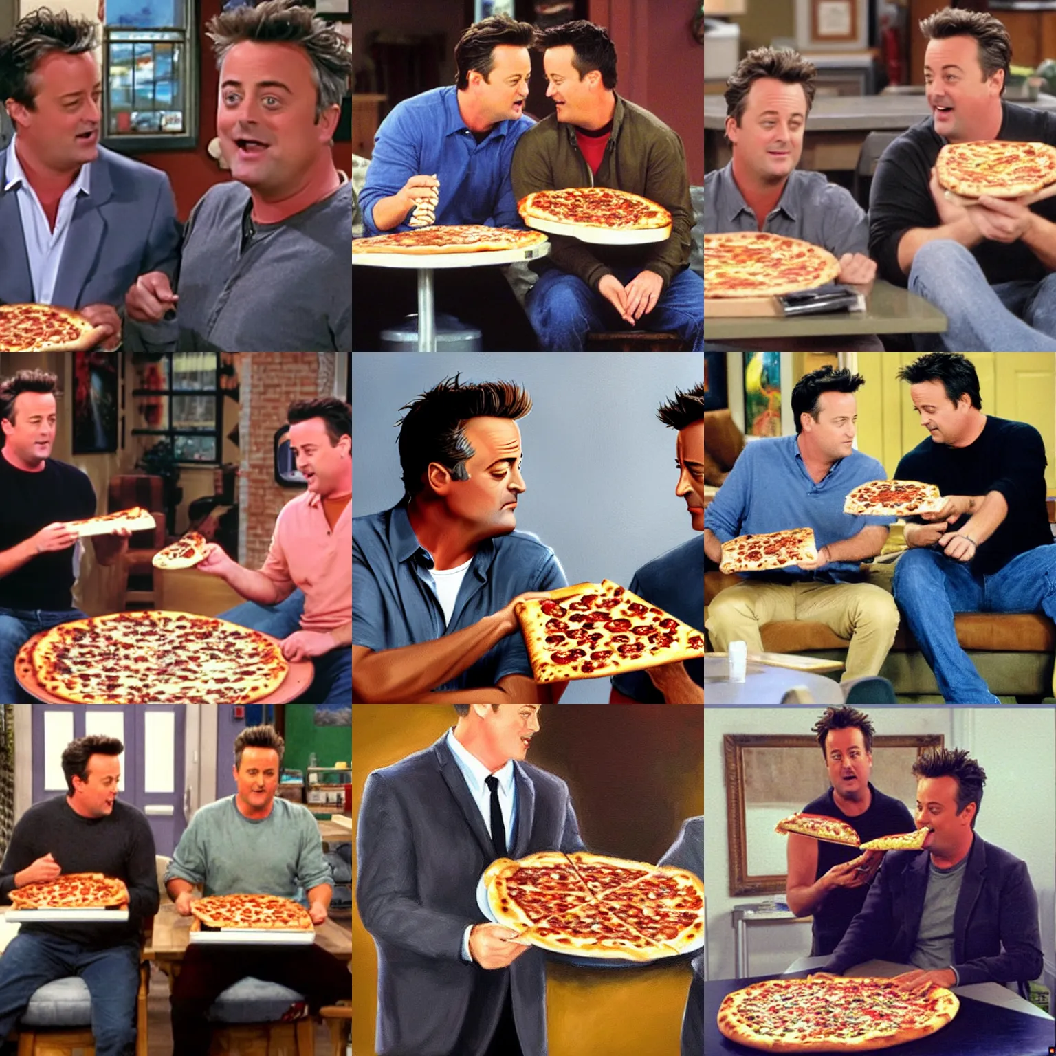 prompthunt: friends tv show episode, chandler bing eating pizza