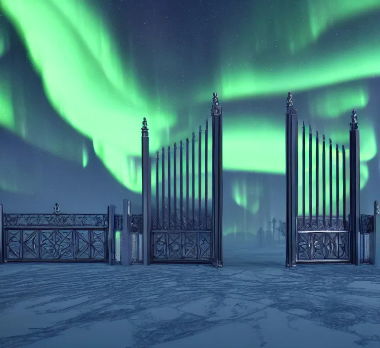 Prompt: a very detailed concept art of intricate and minimalistic gates to aurora borealis, trending on artstation, symmetry, digital art, 4 k, hyper realistic, octane render, sharp focus