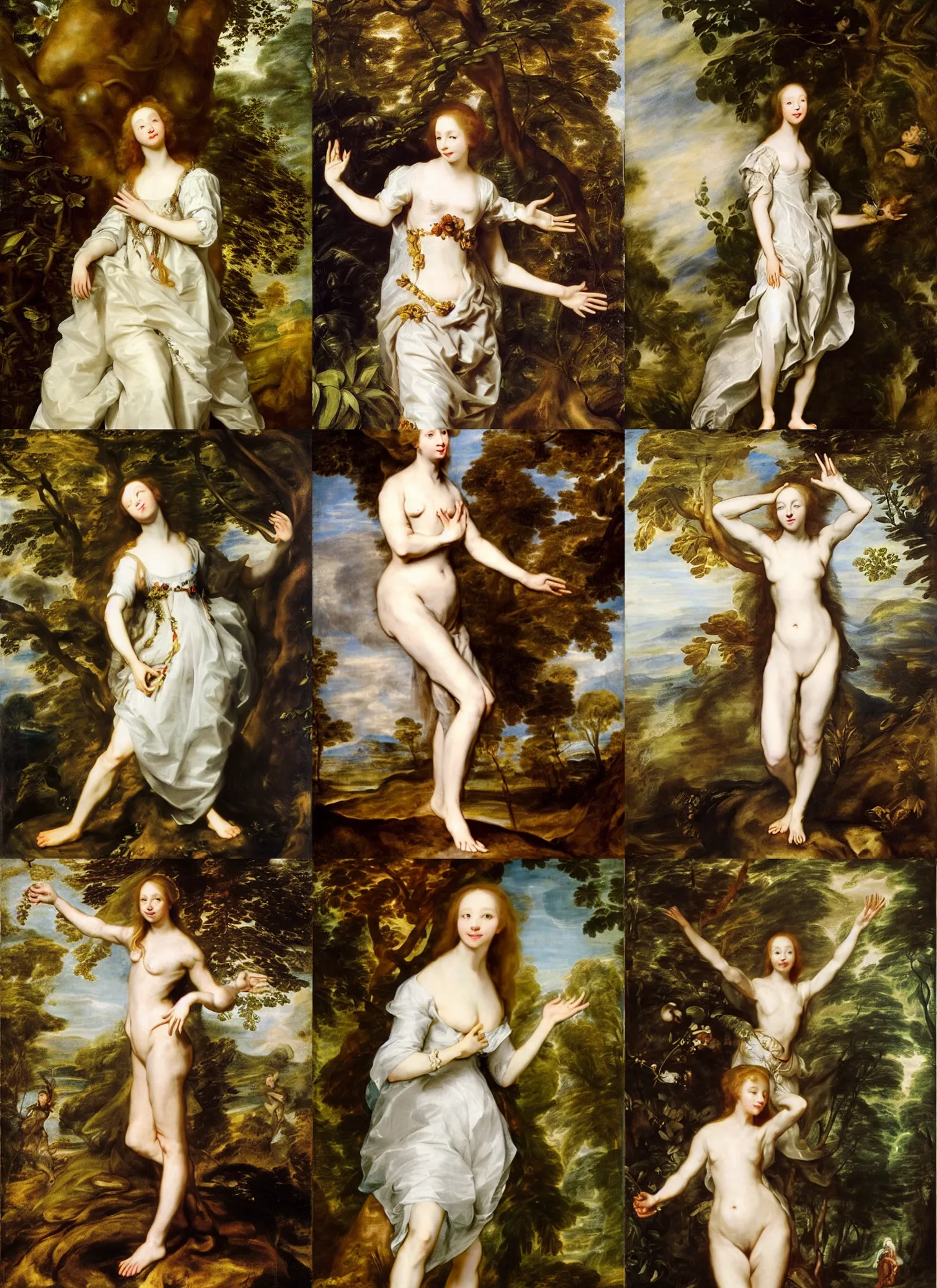 Prompt: Barefoot Beautiful girl alien, Standing in the Forest of never-before-seen Plants, Elegant pose, Volumetric, by Anthony Van Dyck