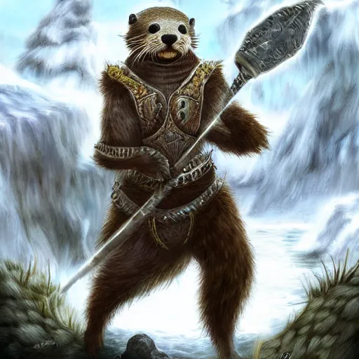 Image similar to furry otter warrior, fantasy art, lightweight armour, near the river, waterfall, digital art, high quality