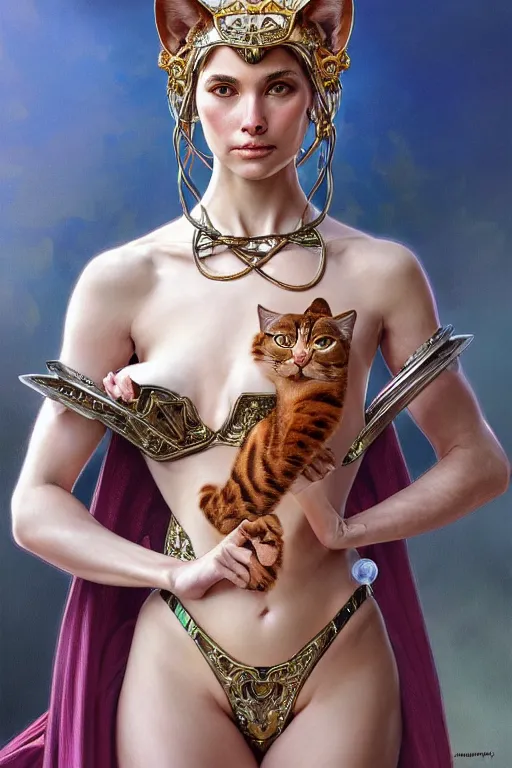 Prompt: body portrait of anthropomorphic cat princess wearing beautiful armor, by terry o'neill intricate, elegant, highly detailed, digital painting, glistening skin, artstation, concept art, smooth, sharp focus, natural lighting, bright colors, natural, illustration, art by artgerm and greg rutkowski and alphonse mucha, 8 k