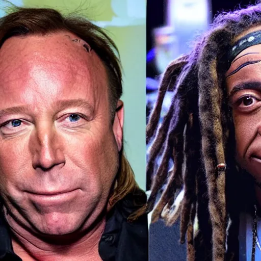 Image similar to Alex Jones appears as Lil Wayne with dreadlocks and facial tattoos, close up, high quality, photo