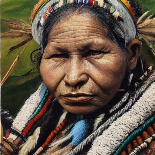 Prompt: high quality high detail painting by lucian freud, hd, portrait of a indigenous tribe woman, photorealistic lighting