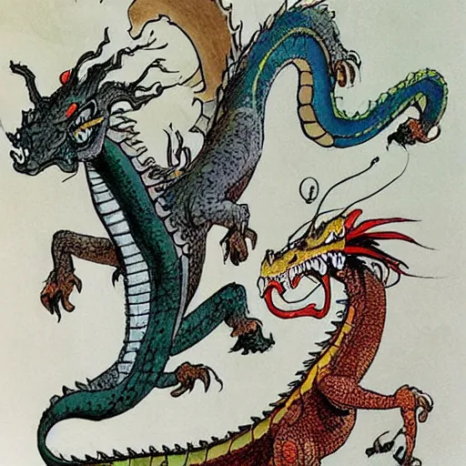 Prompt: dragon designs by quenten blake, bill waterson