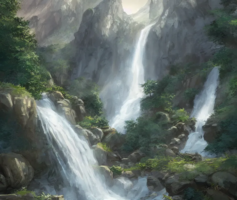 Prompt: Champion Falls. Waterfall amongst the tall dusky mountains. Digital Illustration by John Avon. #mtgart #digitalillustration #johnavon