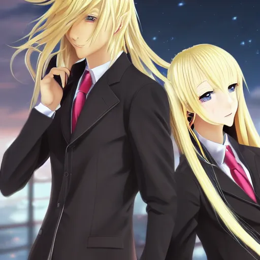 Image similar to blonde anime girl with long hair, wearing headmistress uniform, talking with snooty aloof anime man with black emo hair, sharp details, subsurface scattering, intricate details, art by artgerm, anime, anime hd wallpaper, 2 0 1 9 anime screenshot