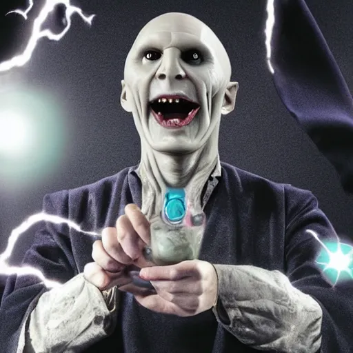 Image similar to Voldemort smiling with fangs while pump and dumping an nft collection, movie still, Photo manipulated by DALLE