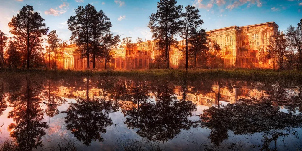 Prompt: abandoned huge building in shape of skull, puddles of water, trees, sunrise, orange glow, by greg rutkowsky and ivan shishkin,