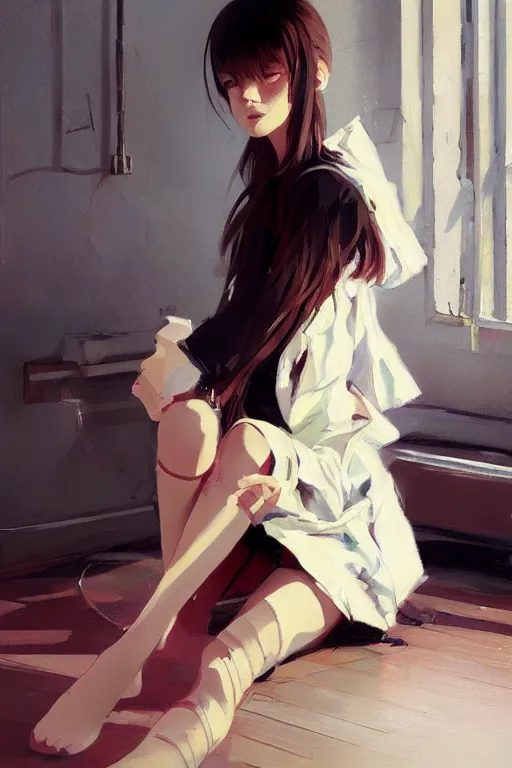 Image similar to A ultradetailed beautiful panting of a stylish girl sitting on the floor of a messy apartment, she is wearing an oversized jacket, Oil painting, by Ilya Kuvshinov, Greg Rutkowski and Makoto Shinkai