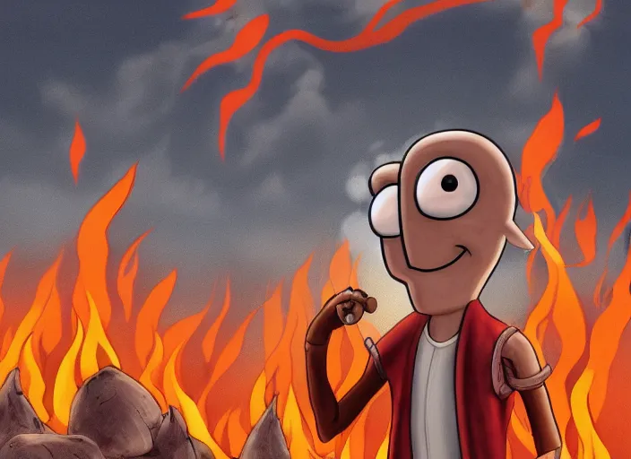 Prompt: squidward wearing fire nation clothing and practicing firebendingoutside at susnset, digital art, highly detailed, intricate, 8 k, sharp focus, photorealistic