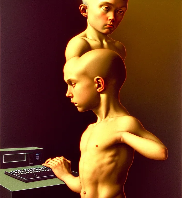 Prompt: boy looking at the PC computer from 90s by Laurie Lipton, grainy film kodak by beksinski carl spitzweg moebius and tuomas korpi. baroque elements. baroque element. intricate artwork by caravaggio. Oil painting. Trending on artstation. 8k