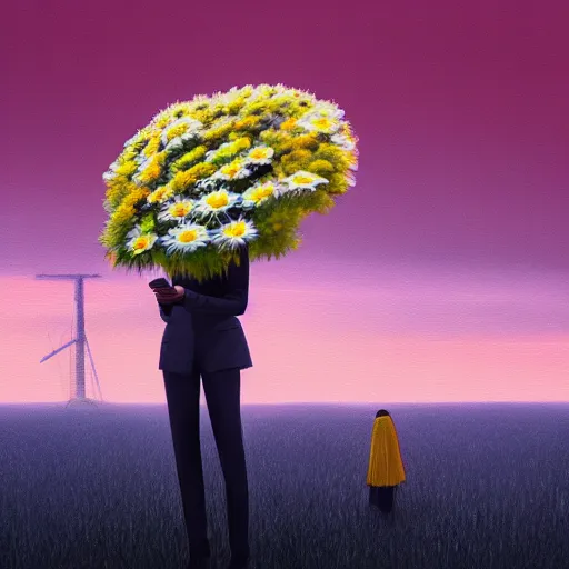 Prompt: huge daisy flower head, frontal, girl in a suit, surreal photography, sunrise, dramatic light, impressionist painting, digital painting, artstation, simon stalenhag