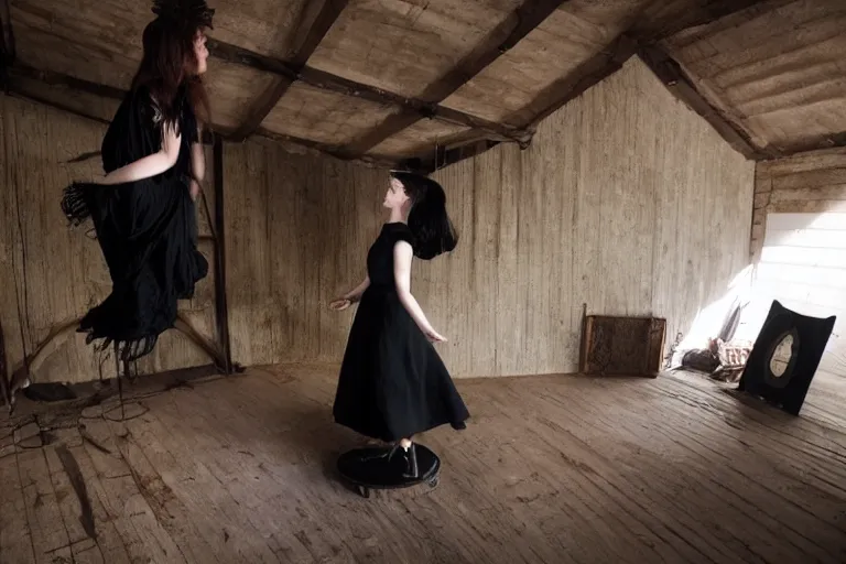 Image similar to levitating goth woman in the attic, demonic magic ritual by Emmanuel Lubezki