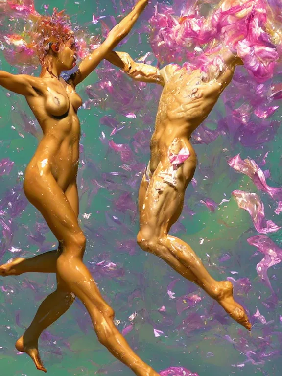 Prompt: dance of 2 humanoids made of infinite flowing sheer petals, covered in splashes and strokes of paint, clouds, smoke and flowers, feminine, muscular, flowing cloth, pastel 8 k, rendered in cinema 4 d, ultra realistic, atmospheric, cinematic, golden ratio. hyperrealism, biblical, baroque, renaissance painting, crystals, rays of light, trending on artstation